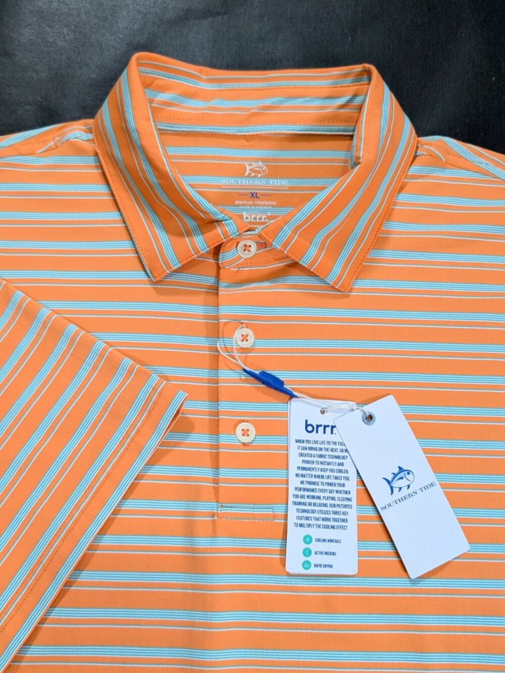 $108 Southern Tide Brrr Polo Stripe Triple Chill Performance Shirt Size XL Peach